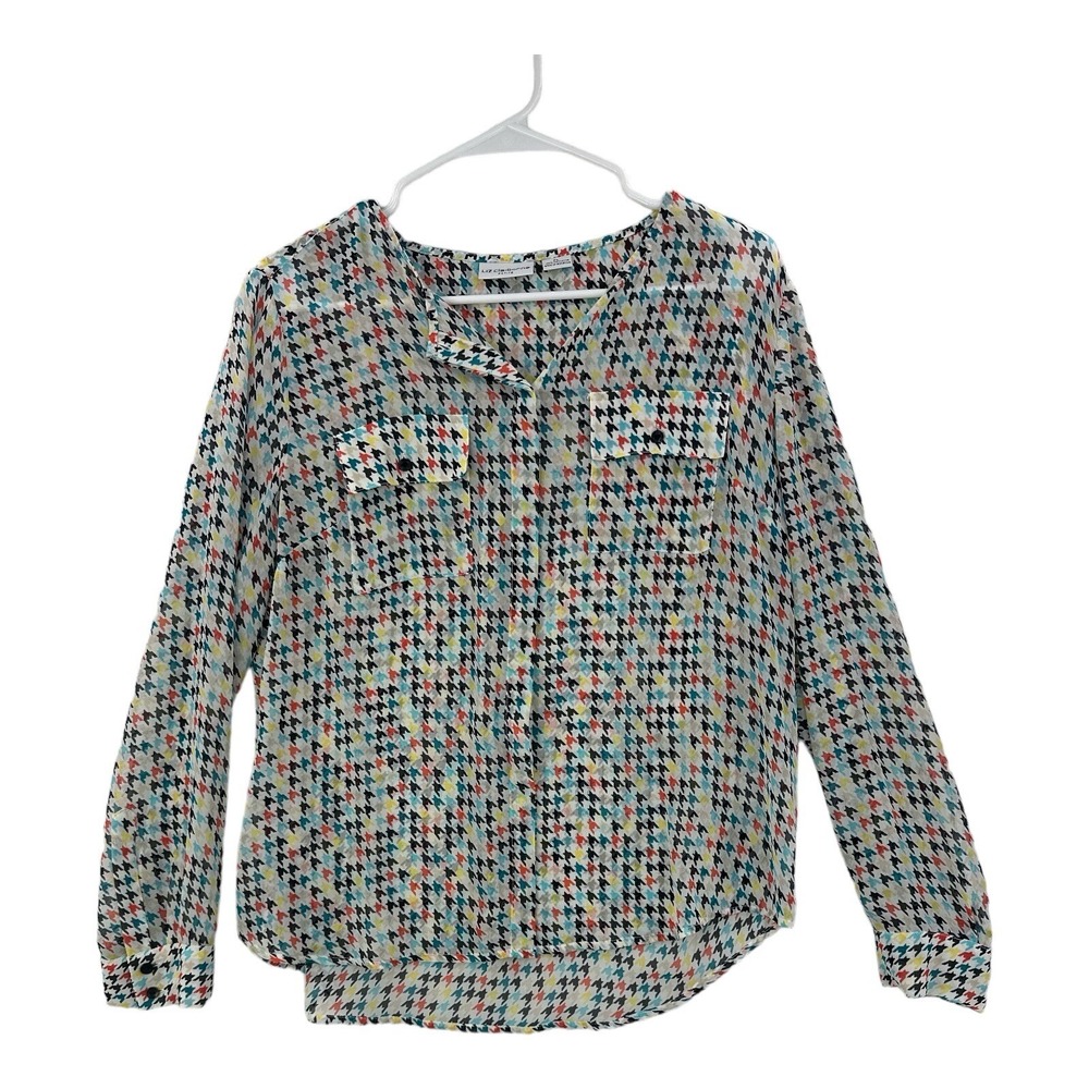 Liz Claiborne Blouse Womens PL Multi Houndstooth Excellent Button Front Pockets